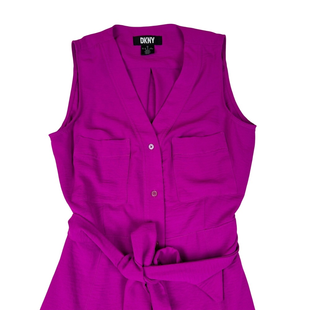DKNY Magenta Purple Sleeveless Button Front Tie Waist Shirt Dress Size 10